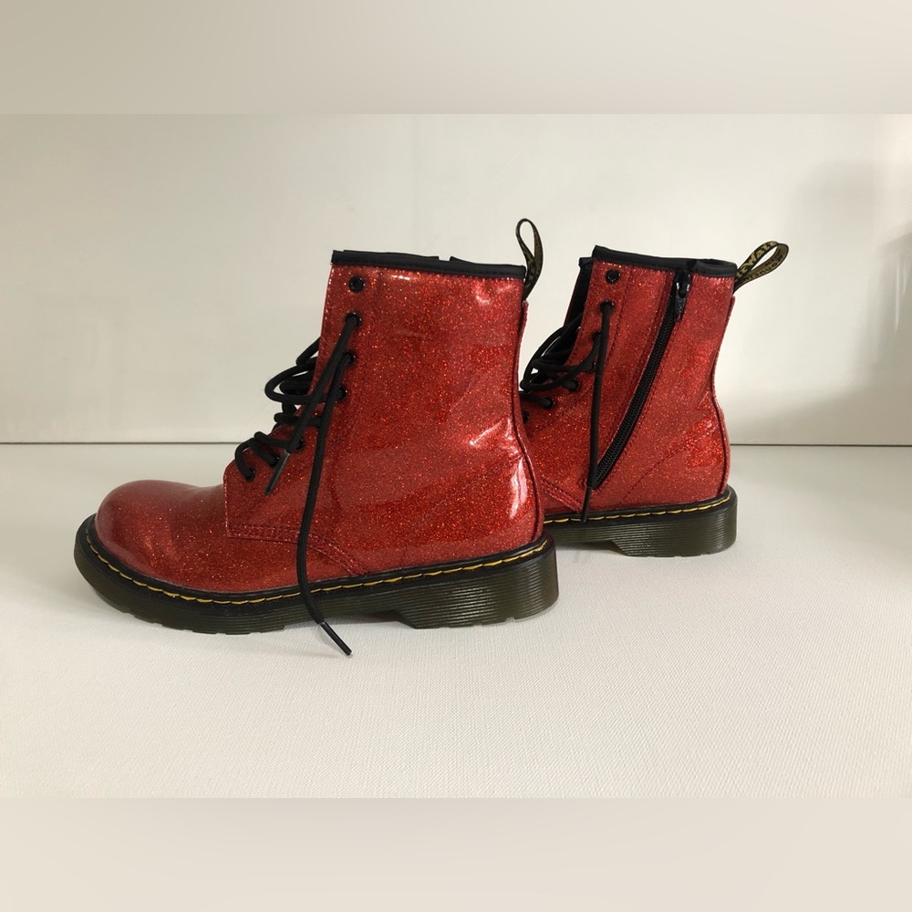 Dr. Martens sparkly scarlet orange boots. Size 7